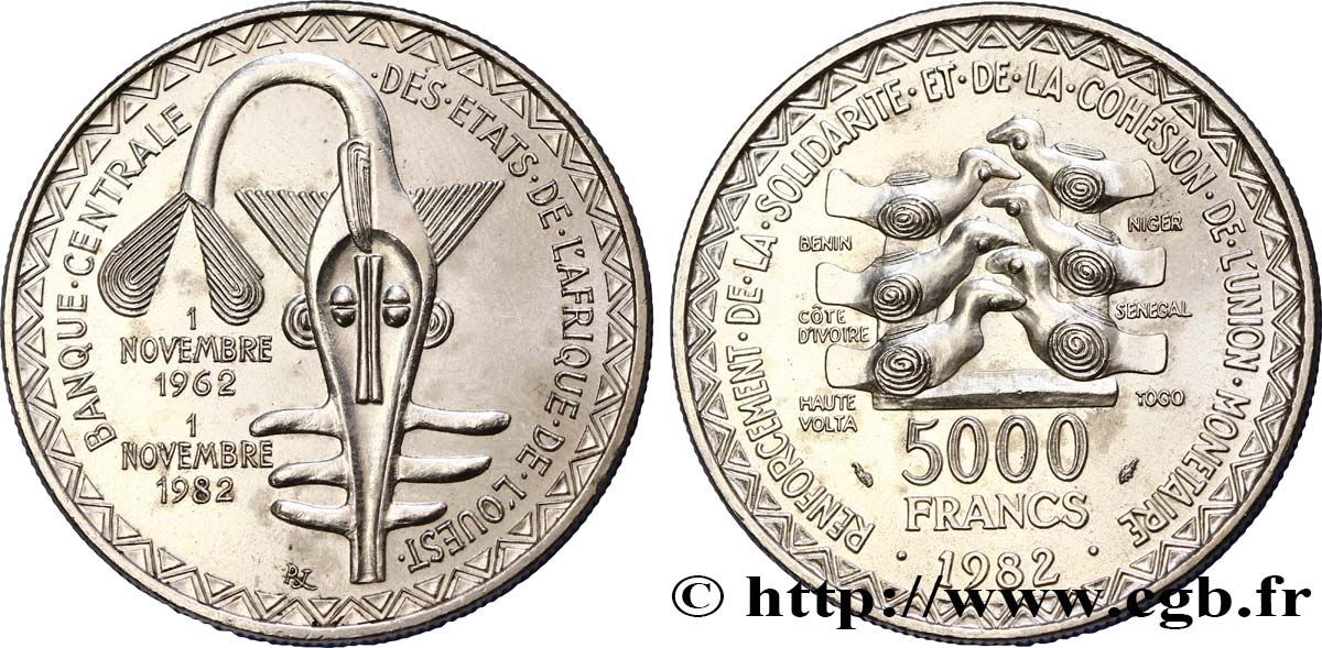 ÉTATS DE L AFRIQUE DE L OUEST (BCEAO) 5000 Francs masque / oiseau 20e anniversaire de l’Union Monétaire 1982  SUP 