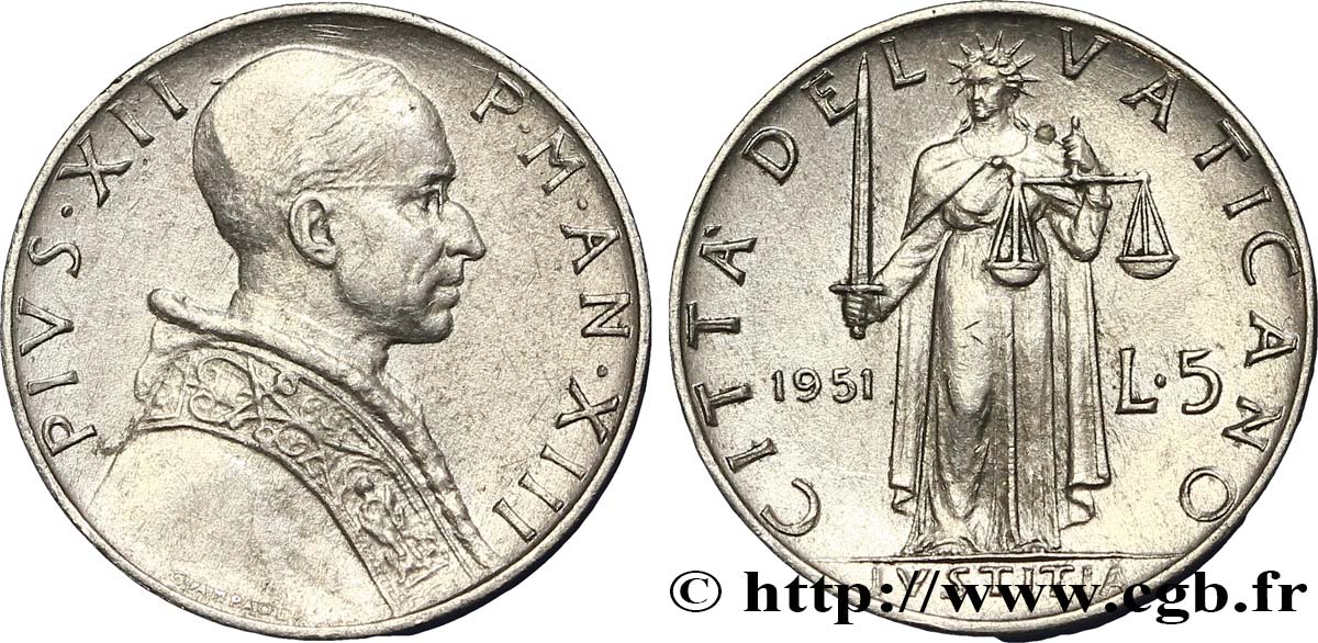 VATICAN AND PAPAL STATES 5 Lire Pie XII an XIII / la ‘Justice’ 1951 Rome - R XF 