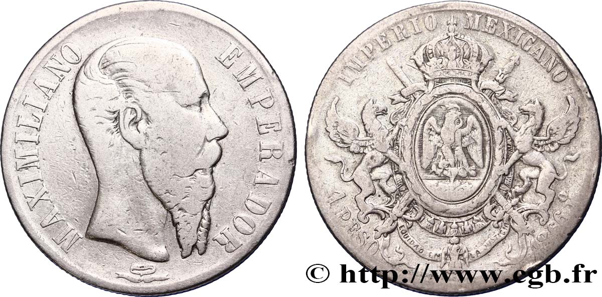 MEXIQUE 1 Peso Empereur Maximilien 1866 Mexico TB 