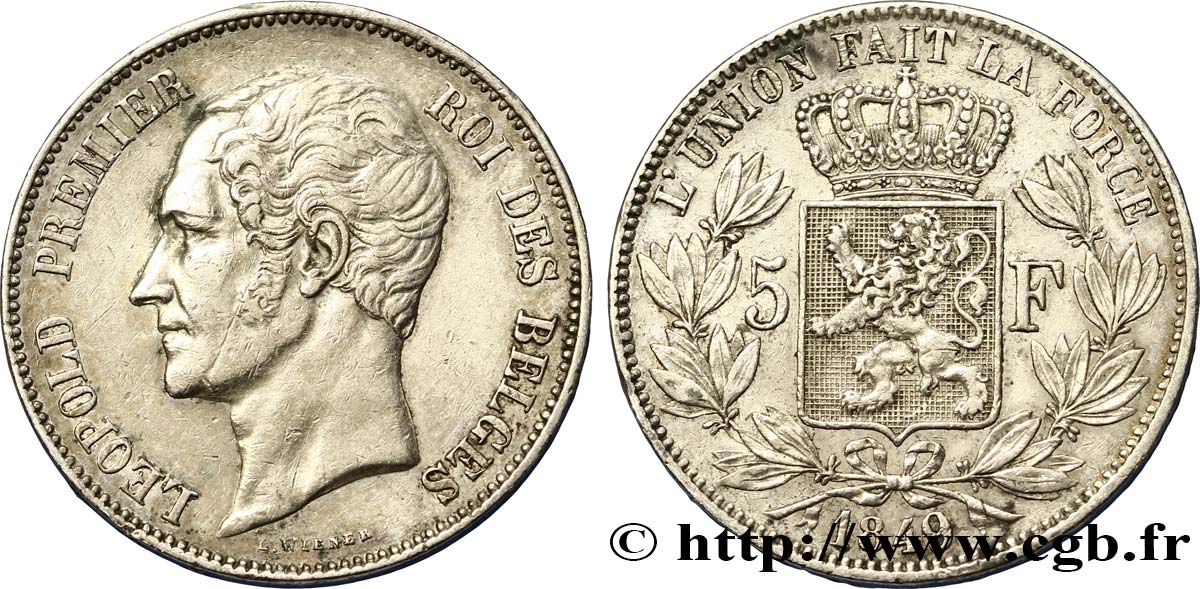 BÉLGICA 5 Francs Léopold Ier tête nue 1849  MBC 