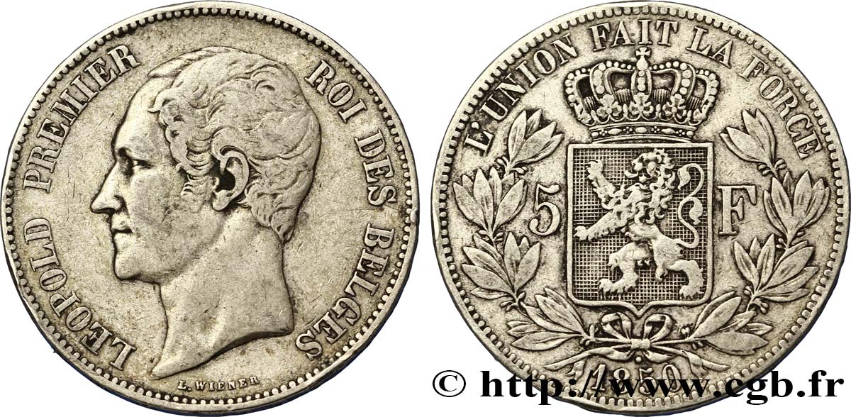 BELGIQUE 5 Francs Léopold Ier 1850  TB+ 