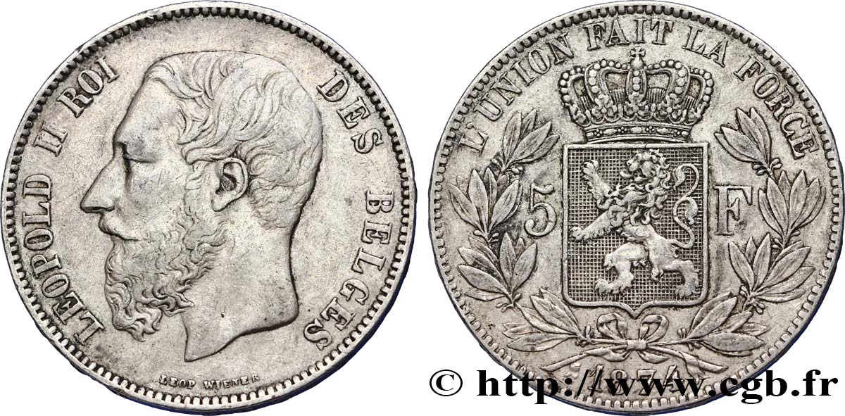 BELGIQUE 5 Francs Léopold II  1874  TB+ 