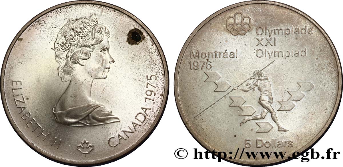 CANADA 5 Dollars JO Montréal 1976 lancer du javelot / Elisabeth II 1975  AU 
