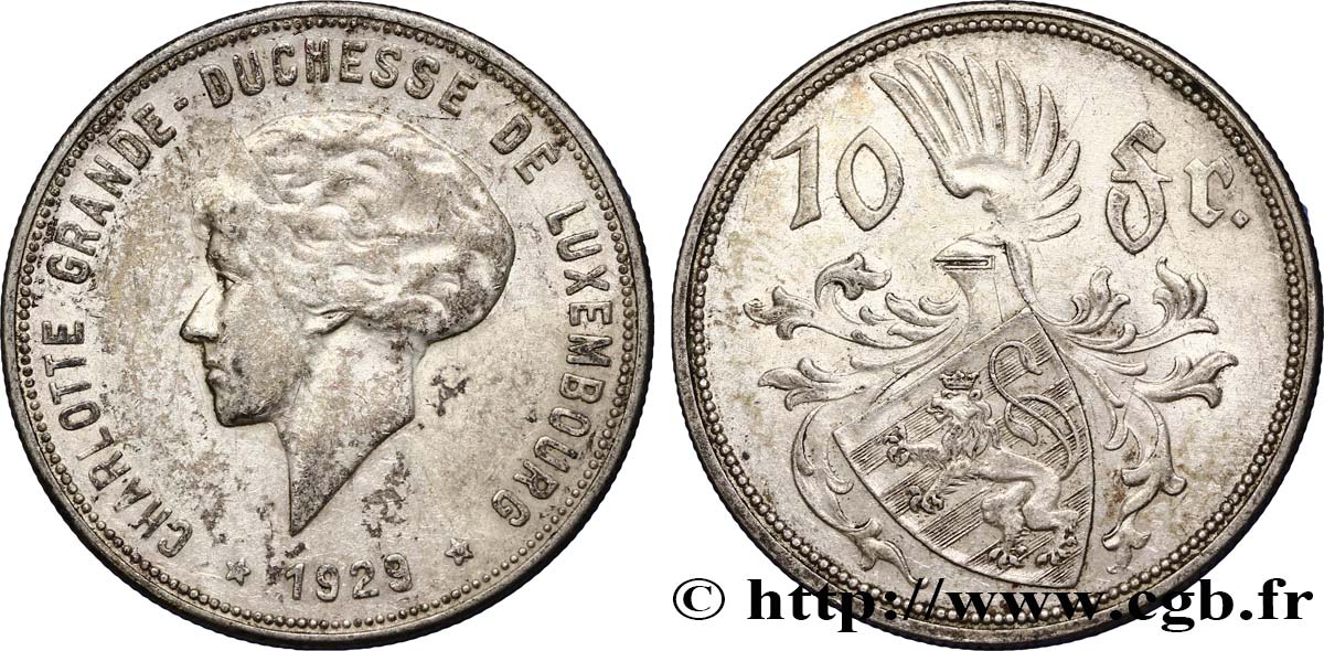 LUXEMBOURG 10 Francs Princesse Charlotte 1929  TTB 