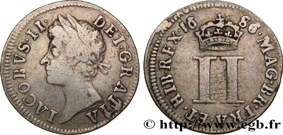 ROYAUME-UNI 2 Pence Jacques II Stuart 1686  TB 