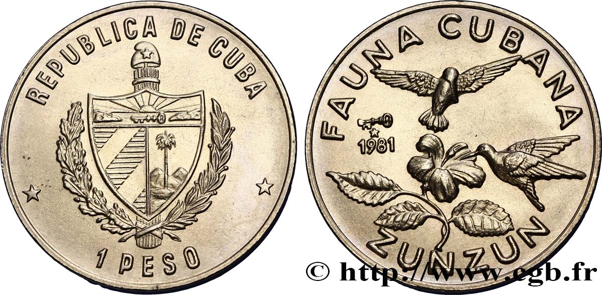 CUBA 1 Peso armes / série Faune Cubaine / Zunzun (Émeraude de Ricord) 1981  SPL 