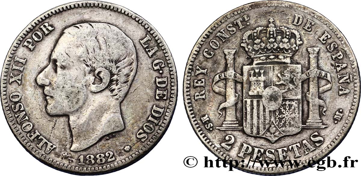 ESPAÑA 2 Pesetas Alphonse XII / emblème couronné (1882) 1882  BC+ 