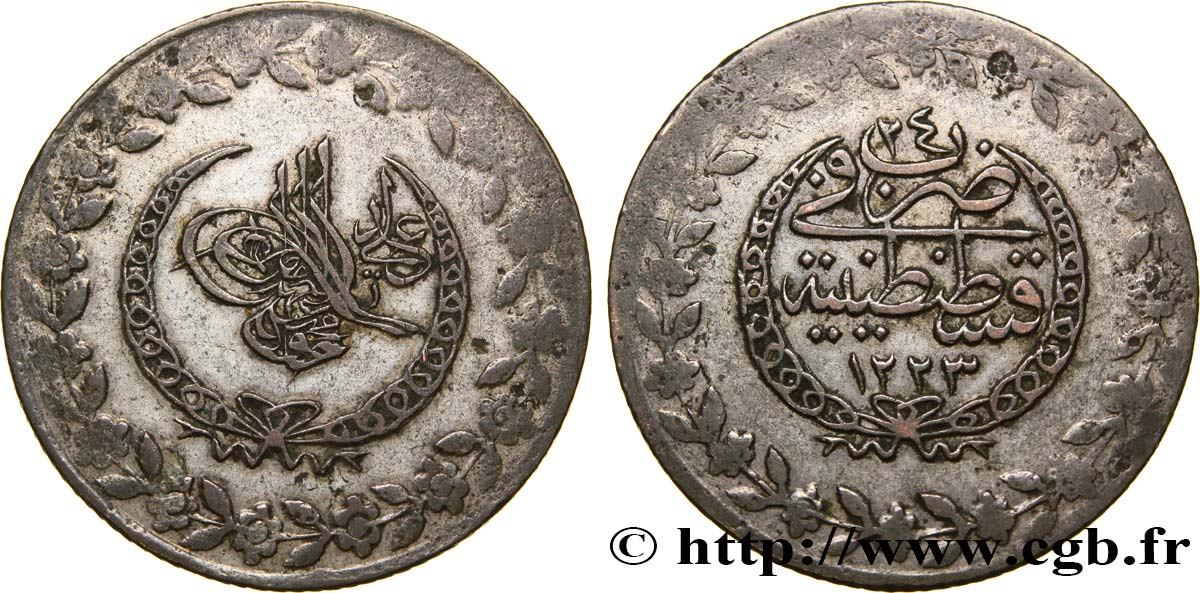 TURQUIE 5 Kurush au nom de Mahmud II AH1223 / an 24 1830 Constantinople TB+ 