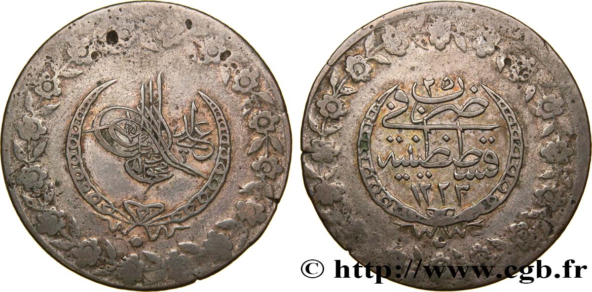 TURQUIE 5 Kurush au nom de Mahmud II AH1223 / an 25 1831 Constantinople TB 
