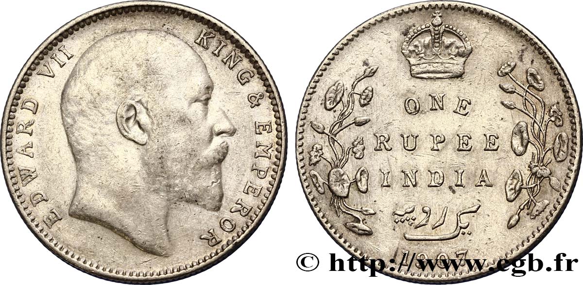 BRITISH INDIA 1 Rupee (Roupie) Edouard VII 1907 Calcutta AU 
