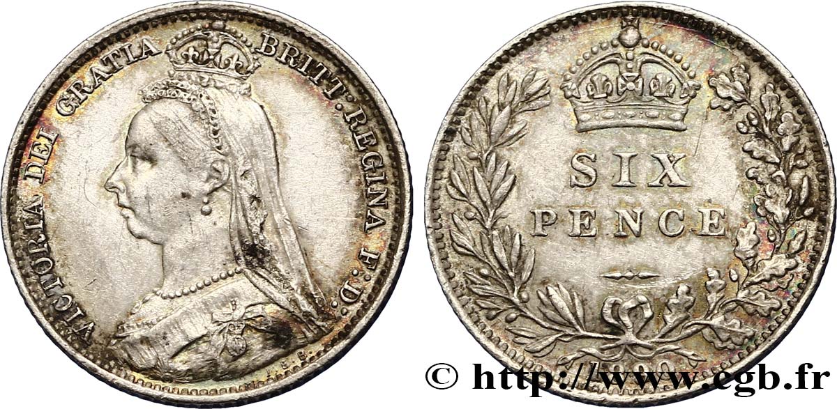 ROYAUME-UNI 6 Pence Victoria couronné 1890  TTB+ 
