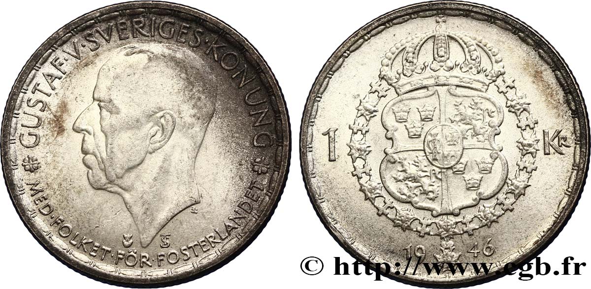 SUÈDE 1 Krona Gustave V 1946  SUP 