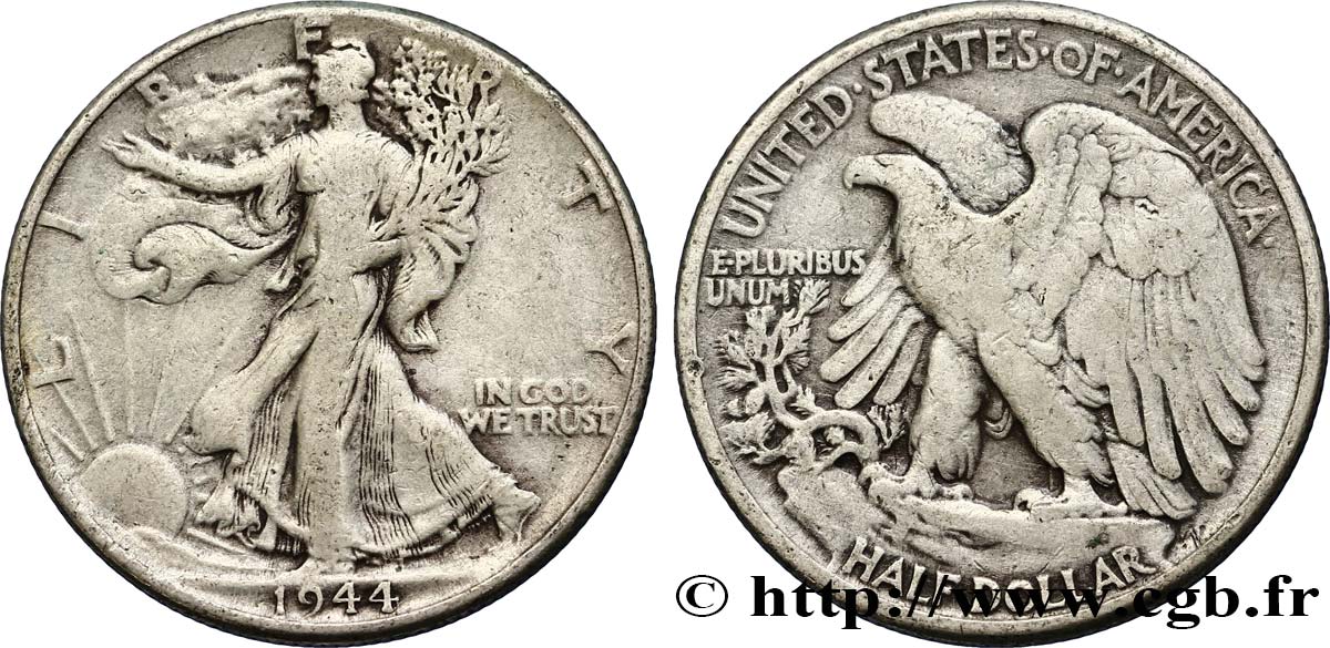 ÉTATS-UNIS D AMÉRIQUE 1/2 Dollar Walking Liberty 1944 Philadelphie TB+ 