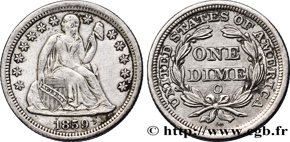 ÉTATS-UNIS D AMÉRIQUE 1 Dime (10 Cents) Liberté assise 1859 Nouvelle-Orléans TTB 
