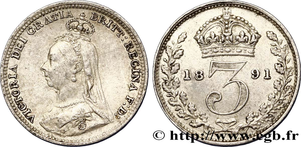ROYAUME-UNI 3 Pence Victoria buste du jubilé 1891  SUP 