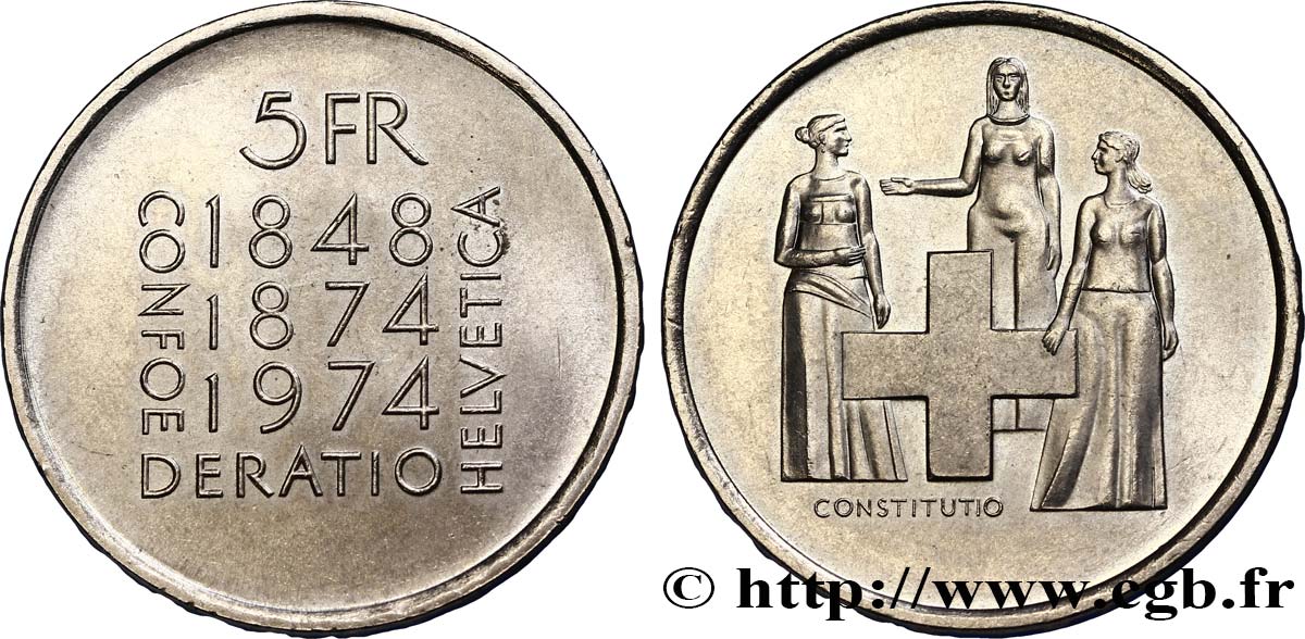 SUISSE 5 Francs centenaire de la révision de la constitution 1974 Berne - B SUP 