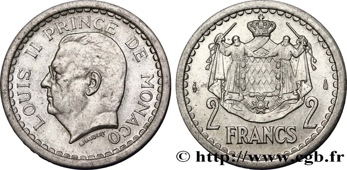 MONACO 2 Francs Louis II / armes 1943 Paris TTB+ 
