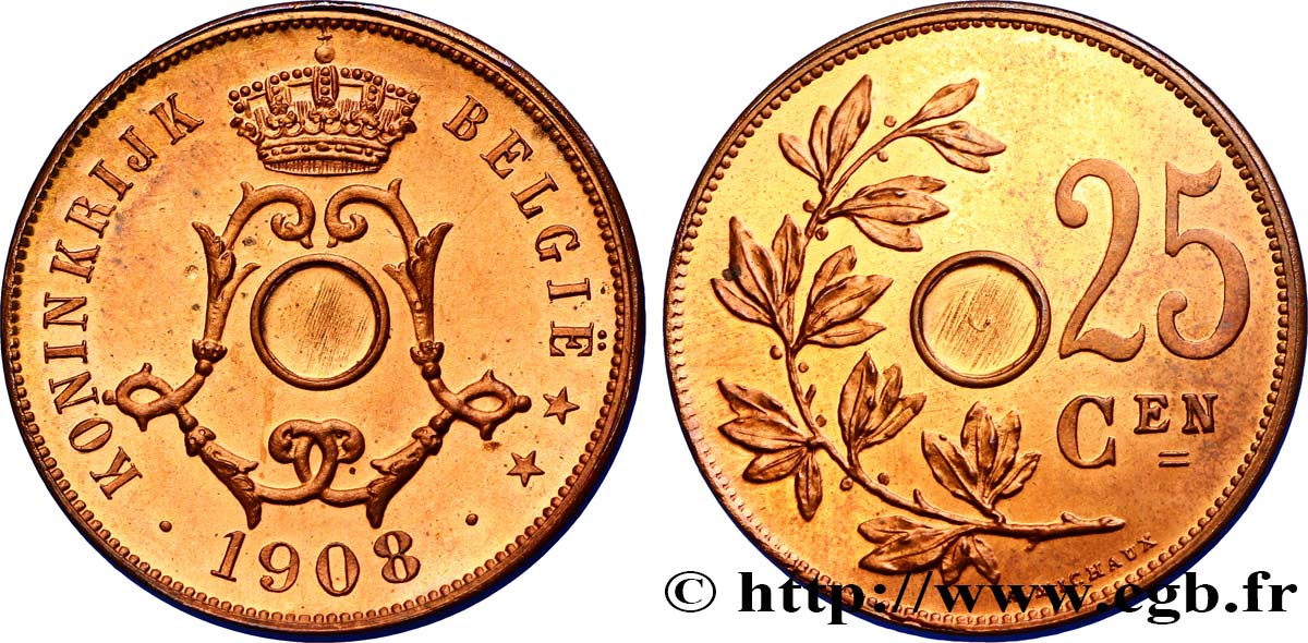 BELGIQUE 25 Centimes refrappe bronze non trouée 1908  SPL 