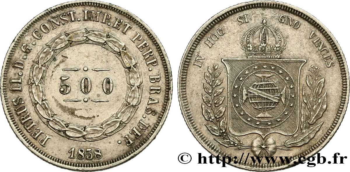BRAZIL 500 Reis Pierre II 1858  AU 