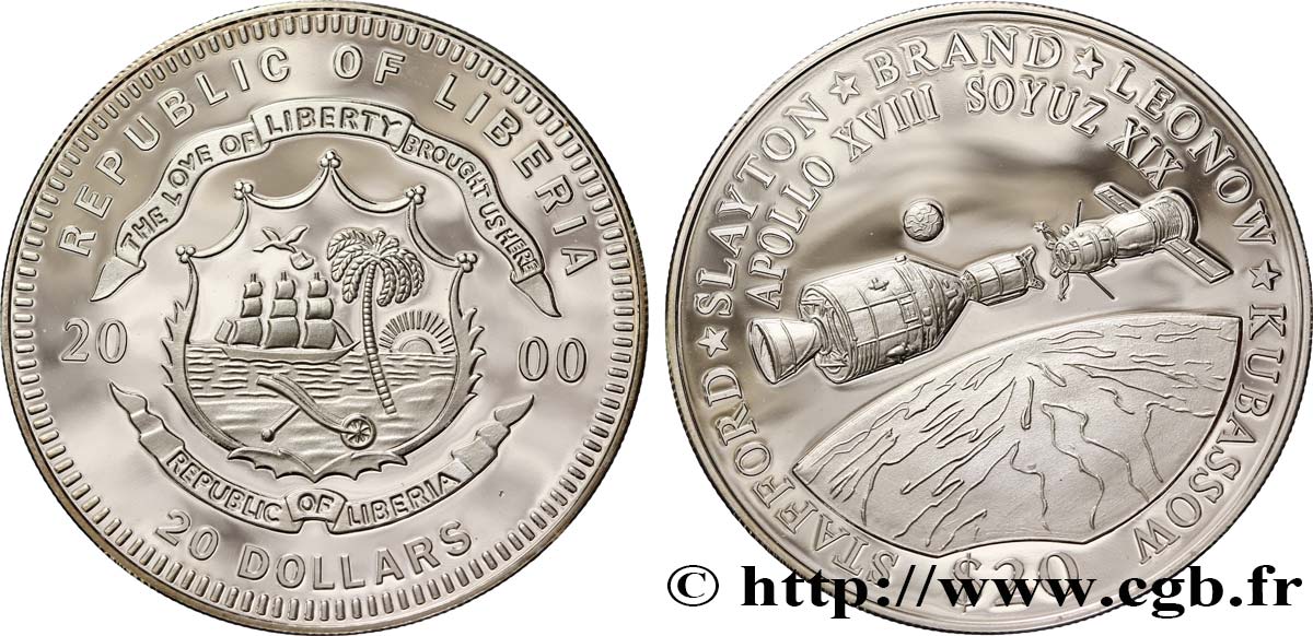 LIBERIA 20 Dollars Proof mission Apollo 18 - Soyouz 19 2000  FDC 