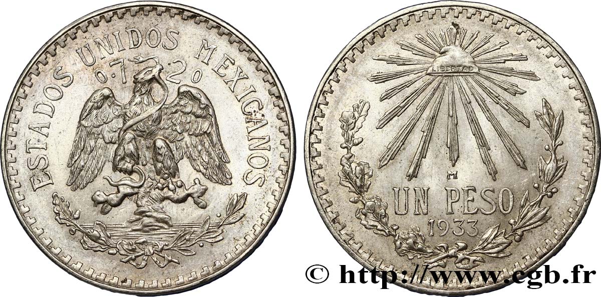 MEXIQUE 1 Peso 1933 Mexico SUP 