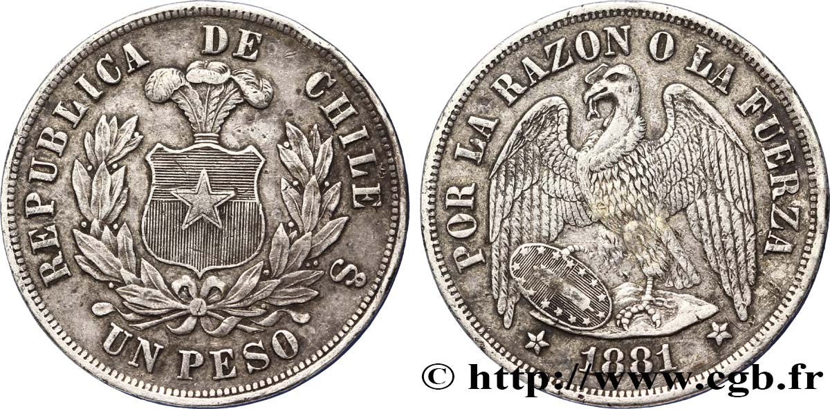 CHILI 1 Peso Condor 1881 Santiago TTB 