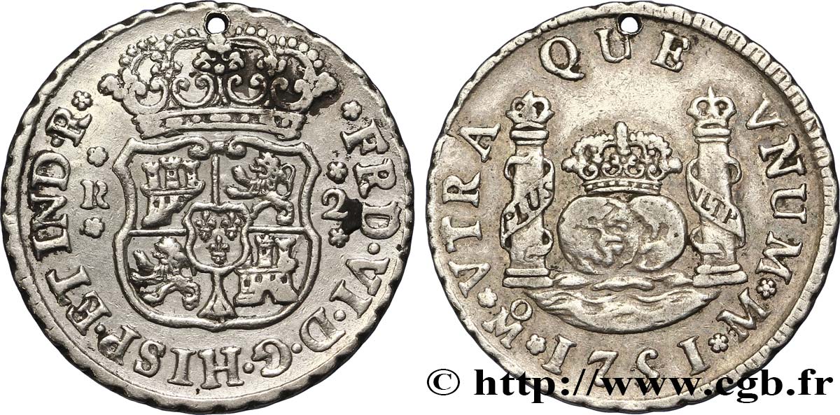MEXIQUE 2 Reales Ferdinand VI d’Espagne 1751 Mexico TB+ 