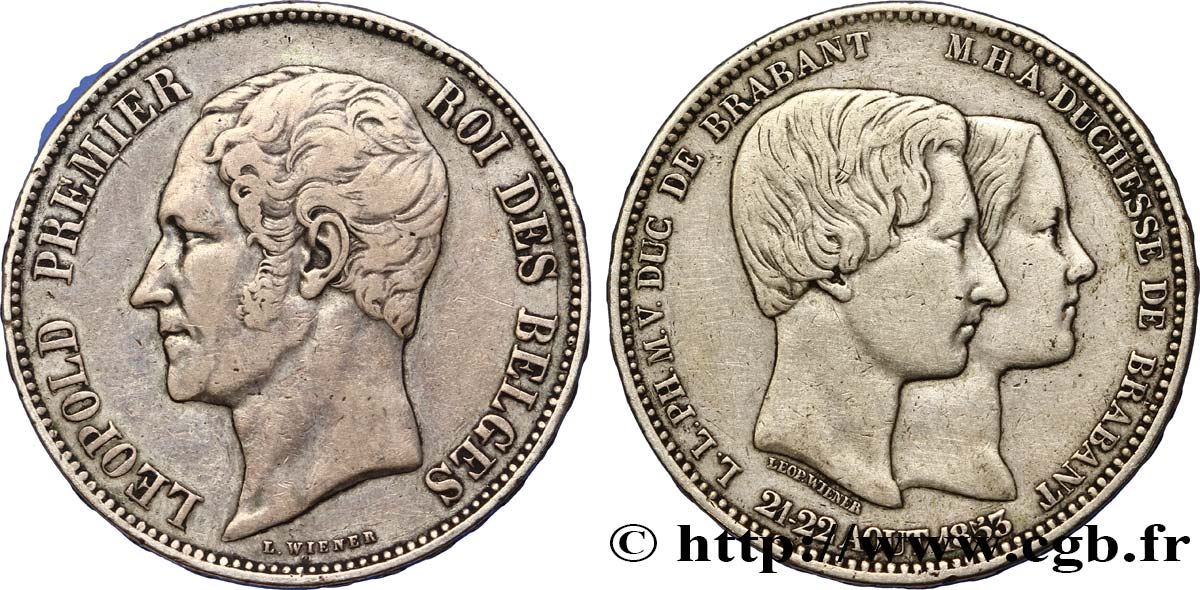 BELGIQUE 5 Francs mariage du Duc et de la Duchesse de Brabant 1853  TB+ 