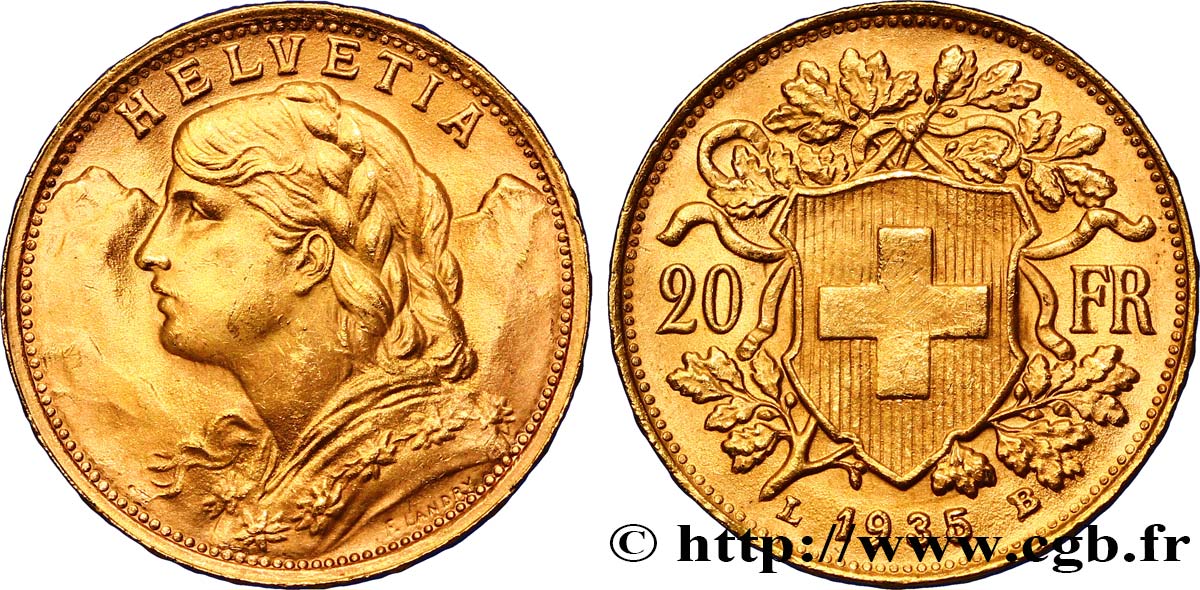 SUISSE 20 Francs or  Vreneli   1935 Berne SUP 