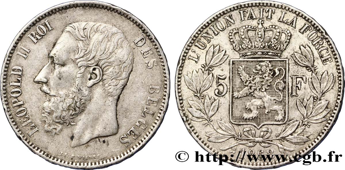 BELGIQUE 5 Francs Léopold II  1868  TB+ 