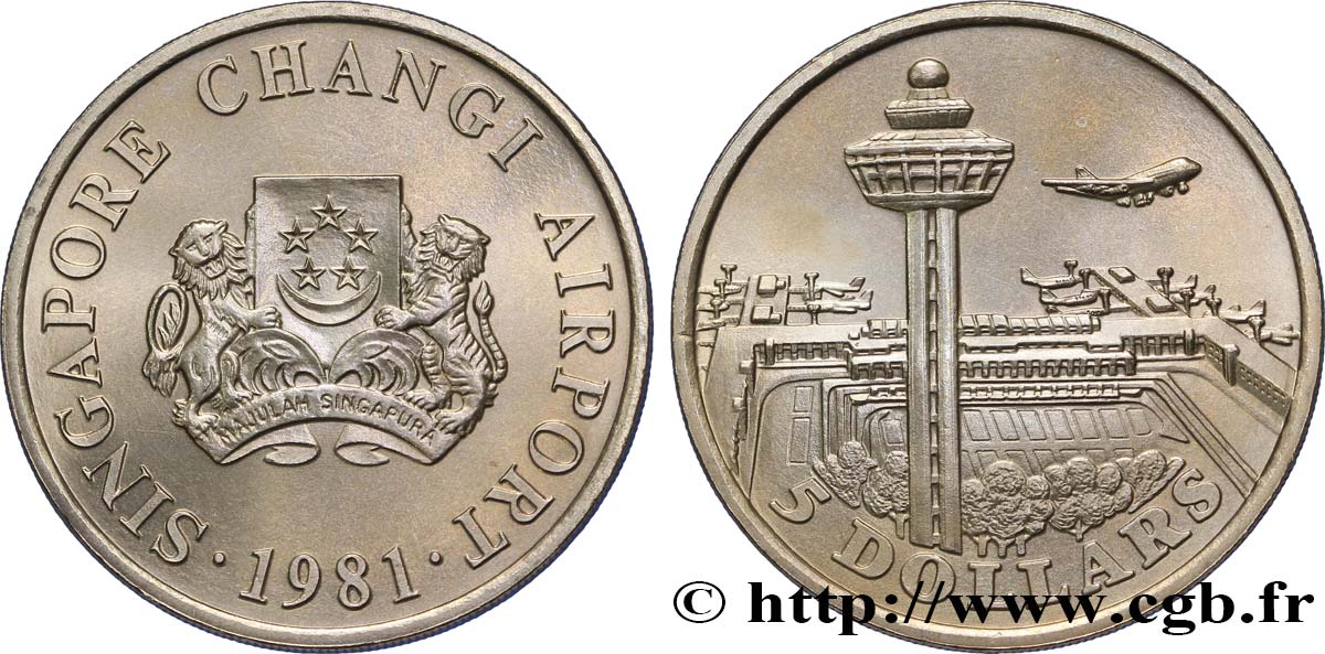 SINGAPORE 5 Dollars aéroport de Changi : emblème vue de l’aéroport 1981  FDC 
