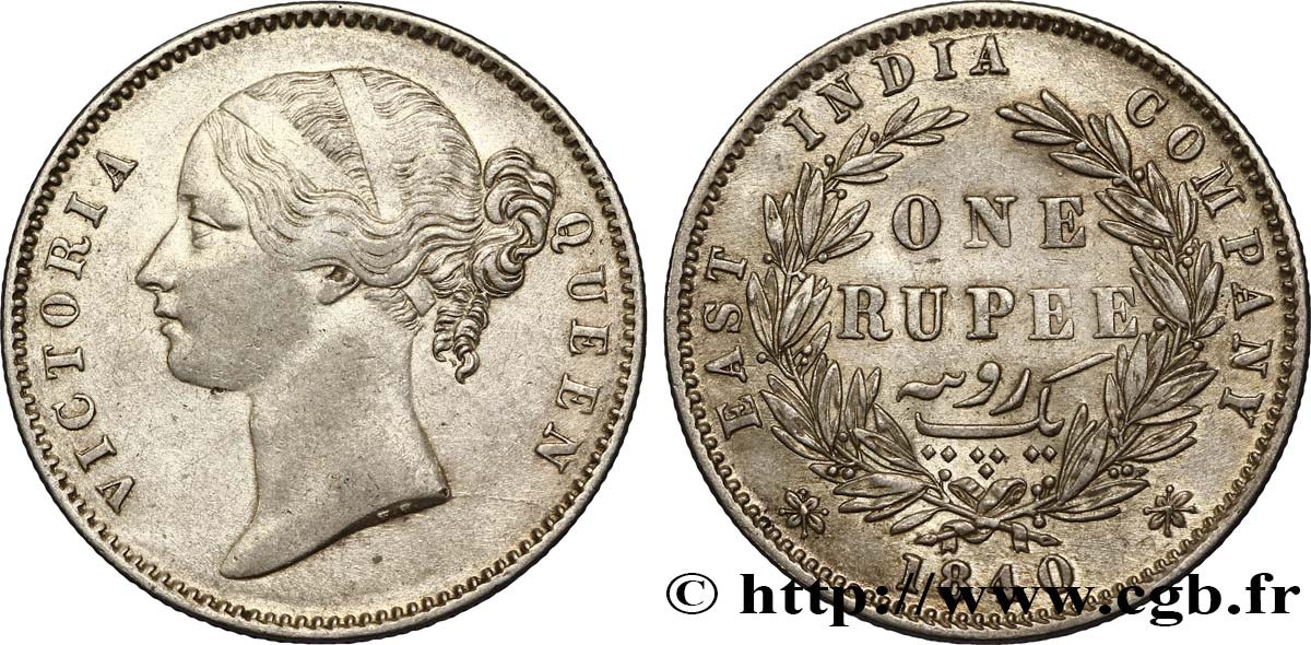 BRITISH INDIA 1 Roupie East India Company Victoria 1840 Bombay XF/AU 