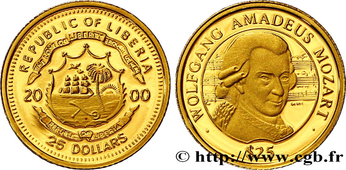 LIBERIA 25 Dollars Proof armes / Wolfgang Amadeus Mozart 2000  FDC 