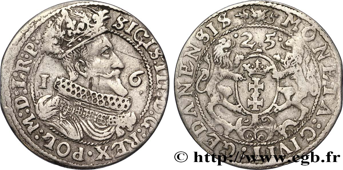 POLOGNE 1/4 de Thaler Sigismond III Vasa 1625 Dantzig TB+ 