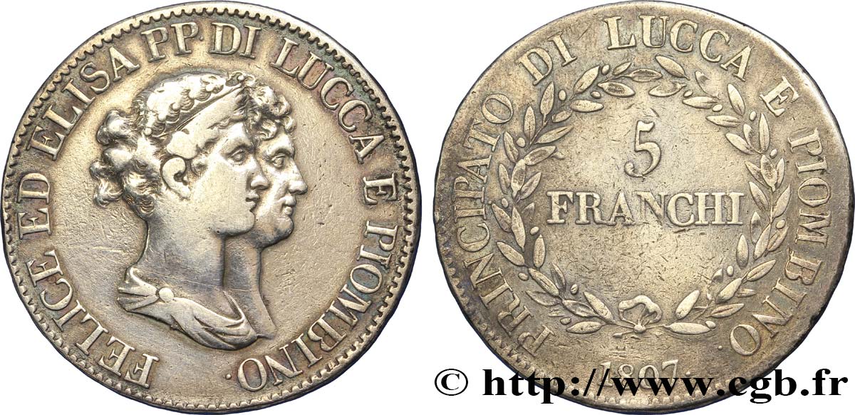 ITALIA - LUCCA E PIOMBINO 5 Franchi - Moyens bustes 1807 Florence q.BB 