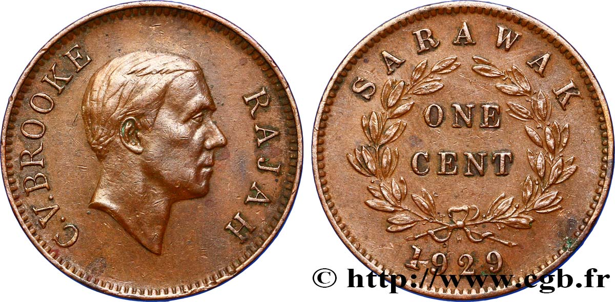 SARAWAK 1 Cent Sarawak Rajah C.V. Brooke 1929 Heaton - H TB+ 