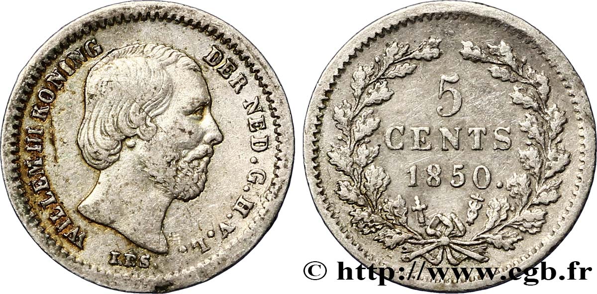 NETHERLANDS 5 Cents Guillaume III 1850 Utrecht AU 