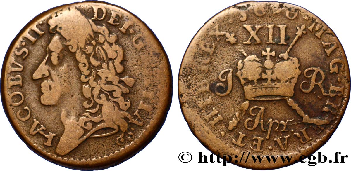 IRLANDE 1 Shilling Jacques II frappée pour le mois d’Avril 1690  TB 
