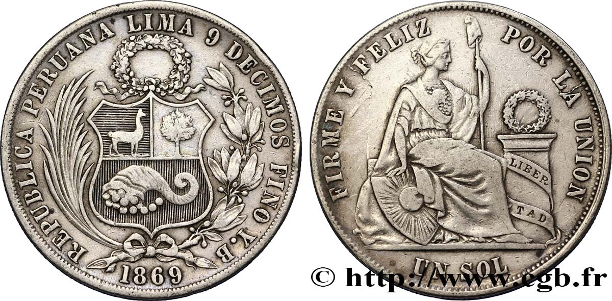 PERU 1 Sol “Liberté” assise 1869 VF