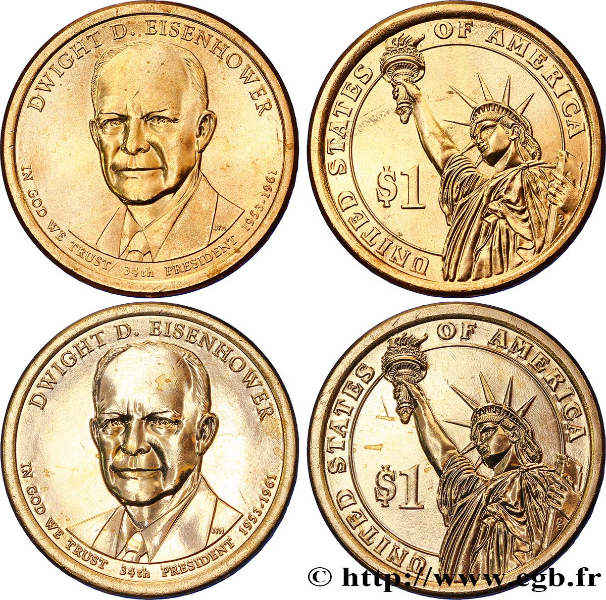 UNITED STATES OF AMERICA Lot de deux monnaies 1 Dollar Dwight D. Eisenhower 2015 Philadelphie + Denver MS 