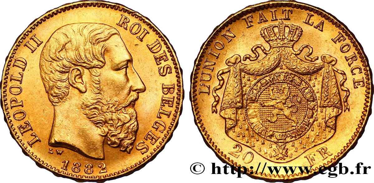 BELGIQUE 20 Francs Léopold II 1882 Bruxelles SPL 