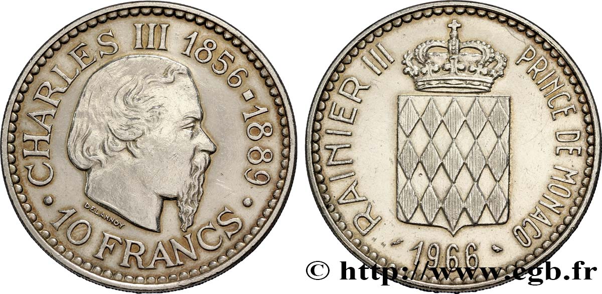 MONACO 10 Francs Charles III 1966 Paris AU 