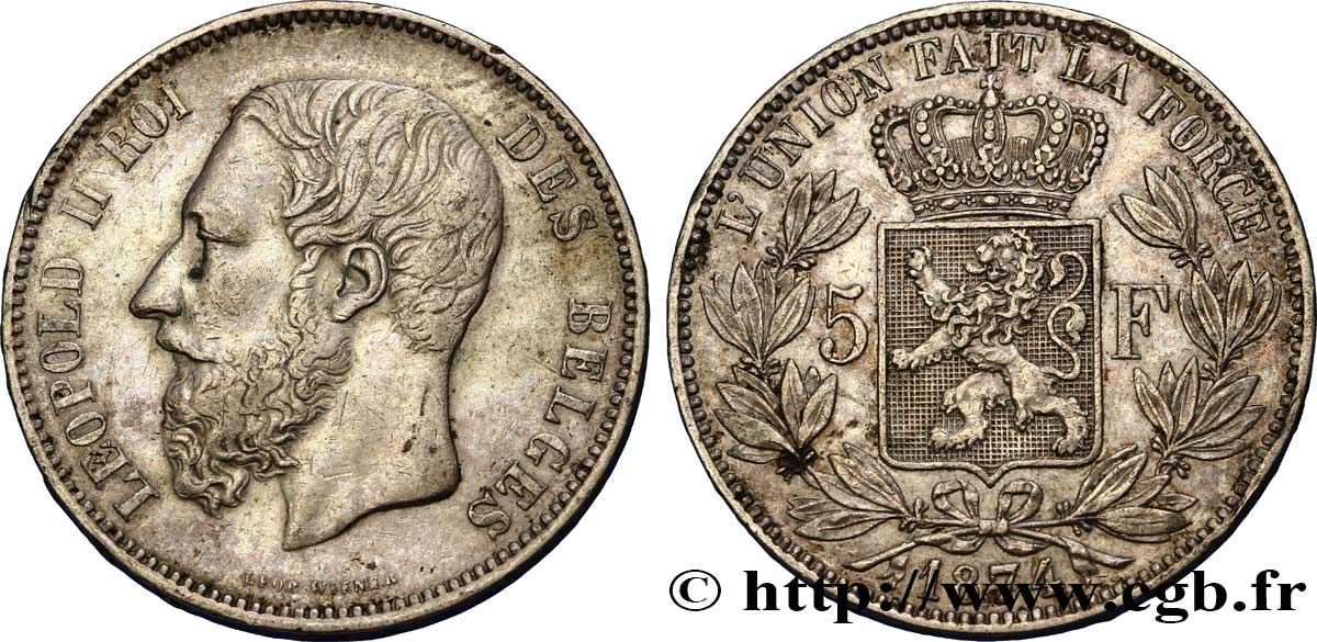 BELGIUM 5 Francs Léopold II  1874  XF 