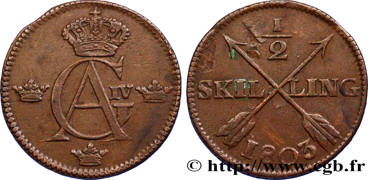 SWEDEN 1/2 Skilling monogramme du roi Gustave IV Adolphe 1803  XF 