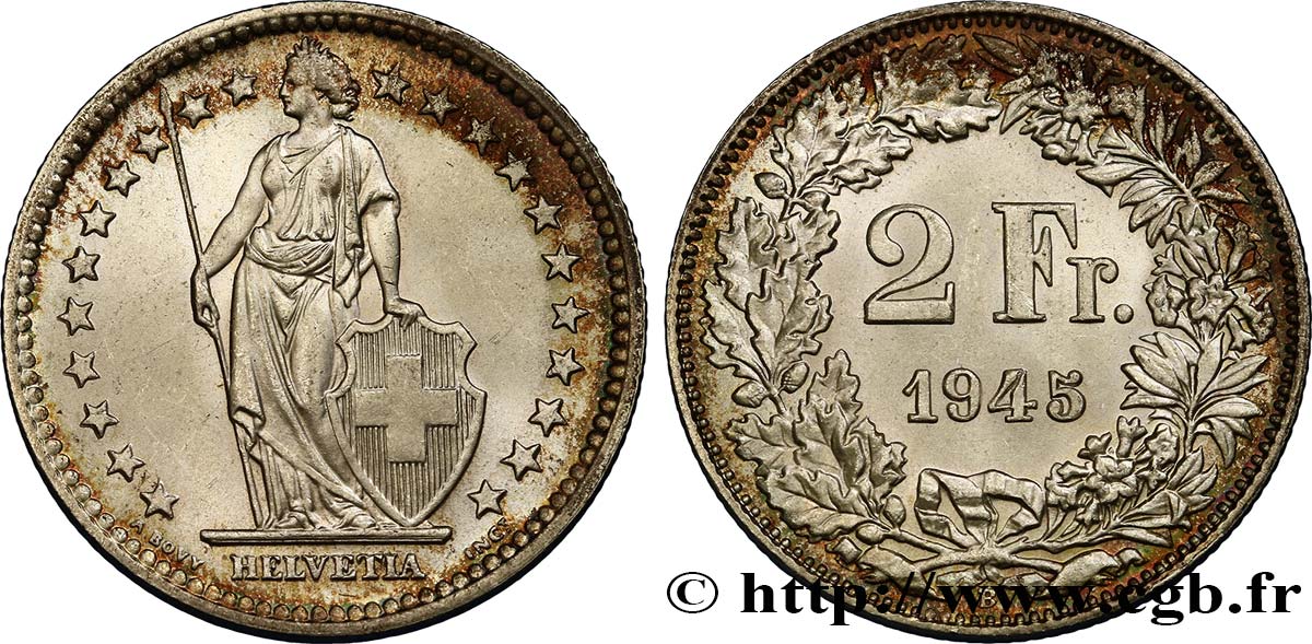 SUISSE 2 Francs Helvetia 1945 Berne SPL 