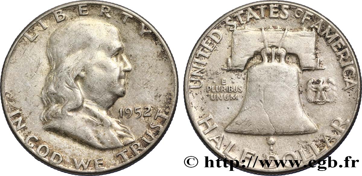 ÉTATS-UNIS D AMÉRIQUE 1/2 Dollar Benjamin Franklin 1952 Philadelphie TTB 