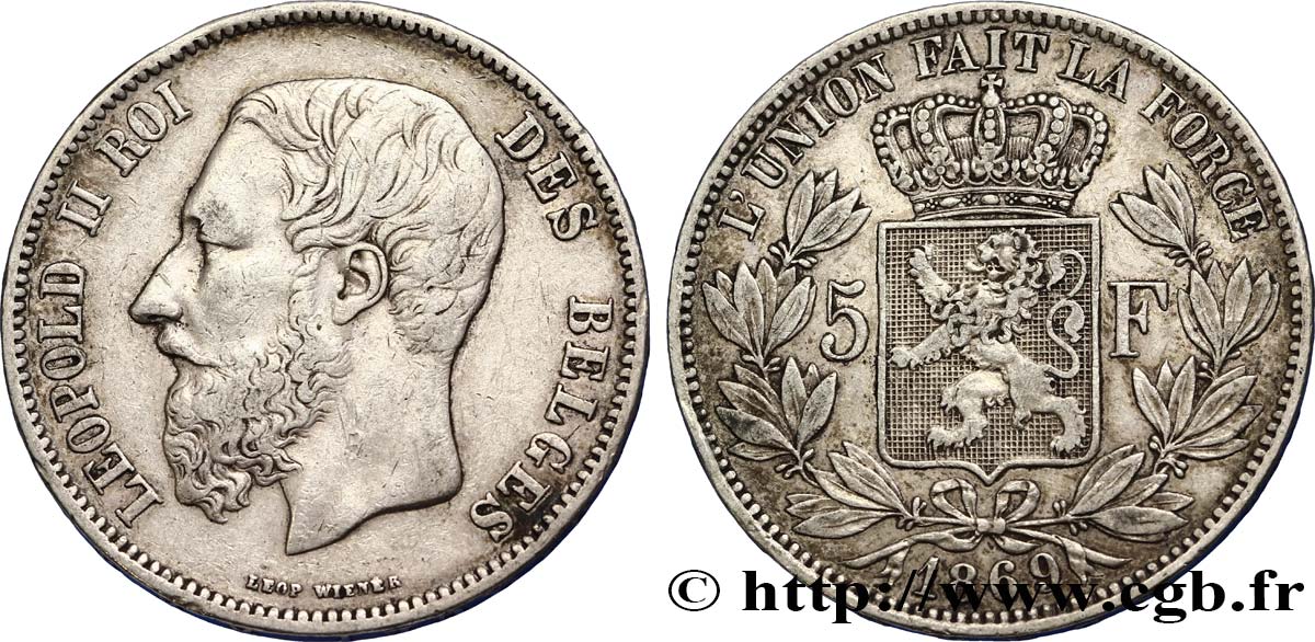 BELGIQUE 5 Francs Léopold II tranche A 1869  TTB 