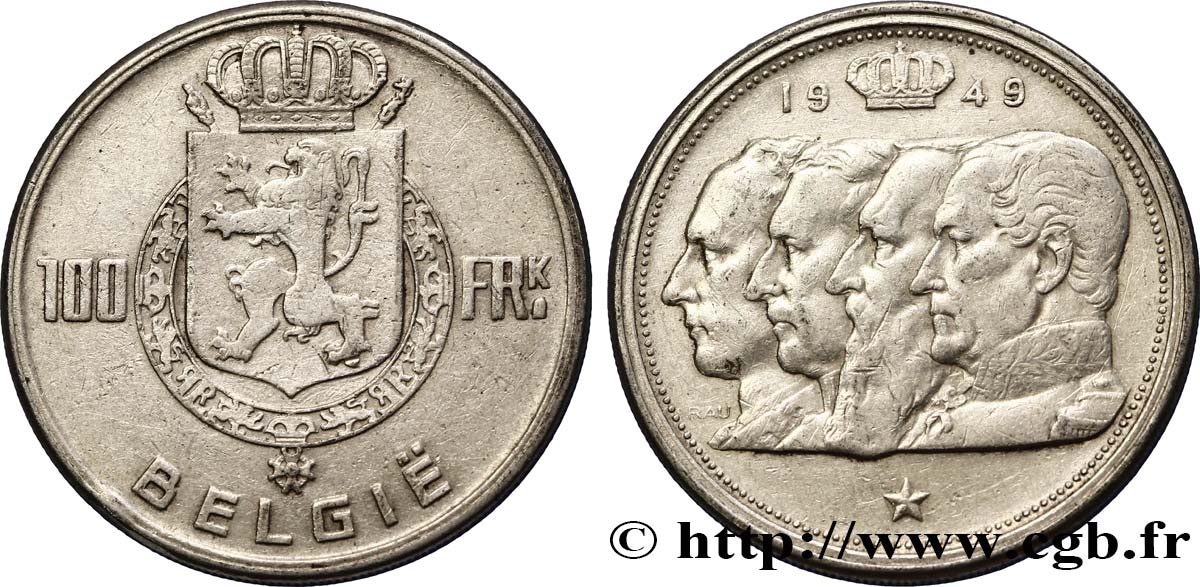 BELGIUM 100 Francs bustes des quatre rois de Belgique, légende flamande 1949  VF 