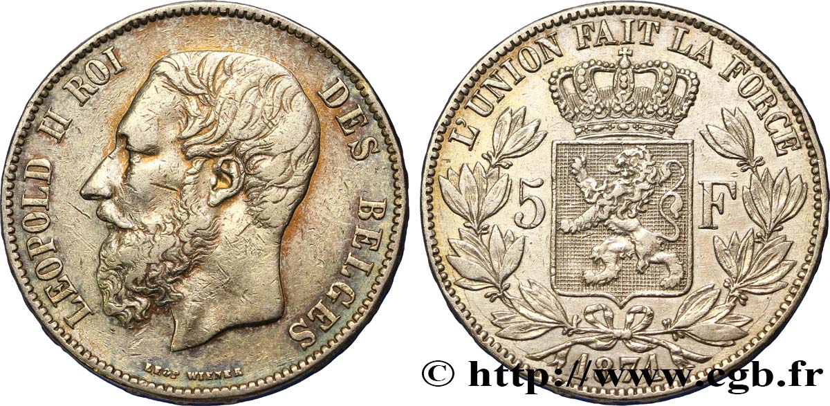 BELGIUM 5 Francs Léopold II 1871  VF 