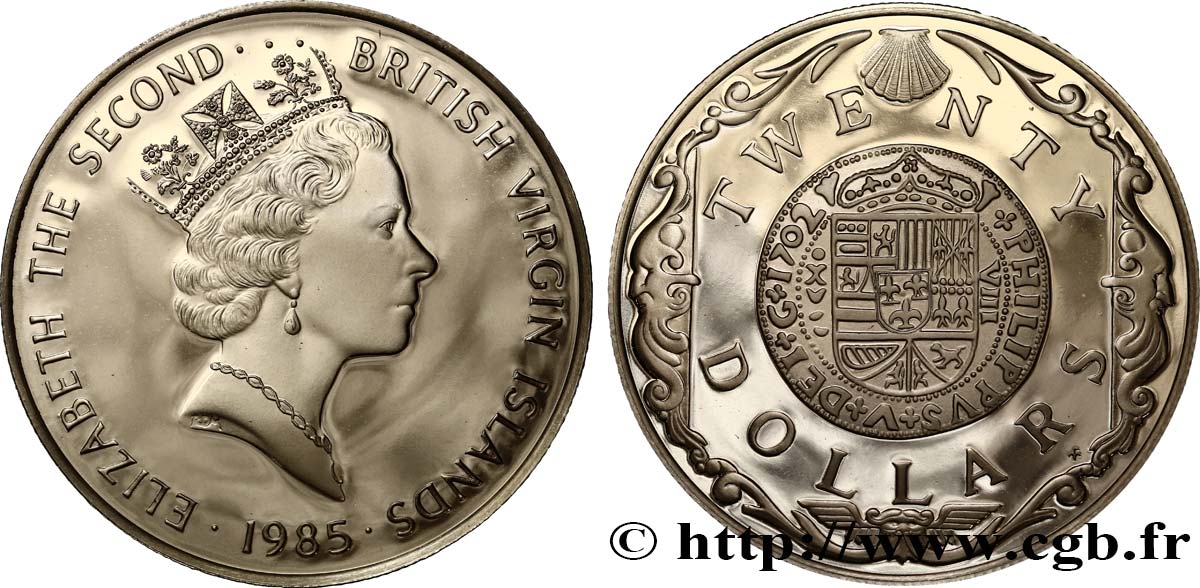 ÎLES VIERGES BRITANNIQUES 20 Dollars Proof Elisabeth II / monnaie d’or de Philippe V 1985  SPL 